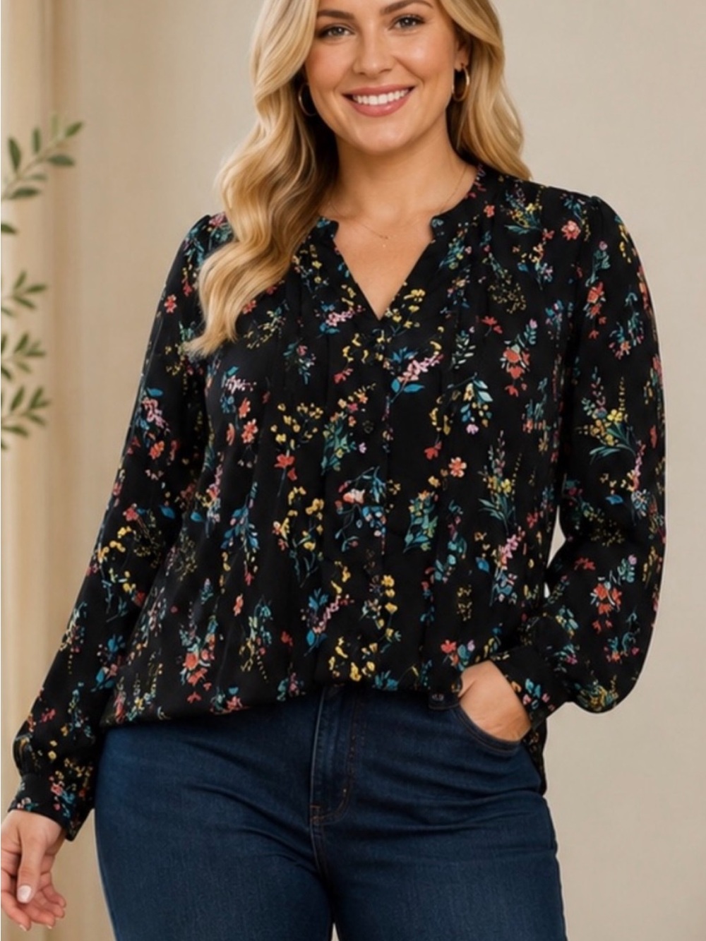 Joan Rivers L NWOT  Black Floral V-Neck BUTTON DOWN Long Sleeve Blouse